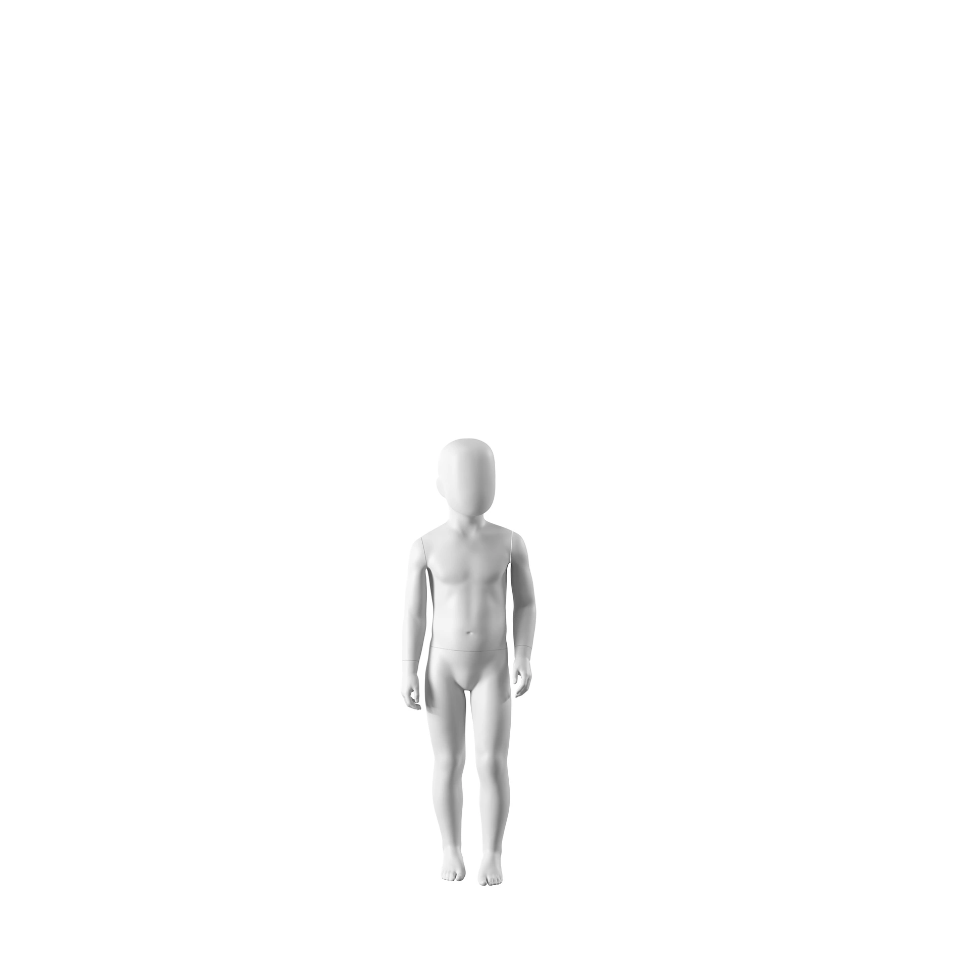 White abstract child mannequin, with abstract head, 4 years, white powdercoated base, pose CM316
