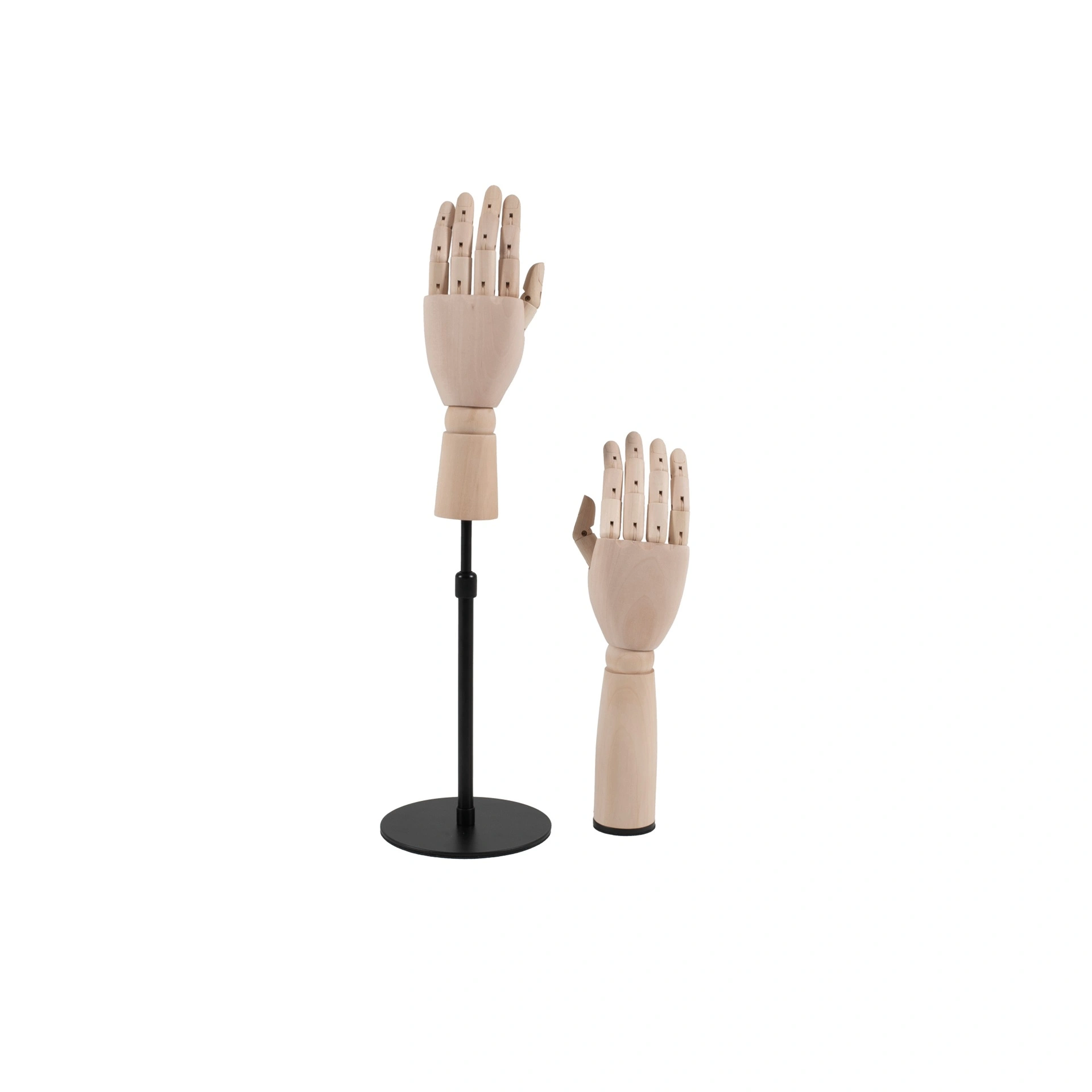 BINK - Duo de mains masculines de présentation : main droite autoportante avec base ronde, main gauche avec base et support vertical réglable.