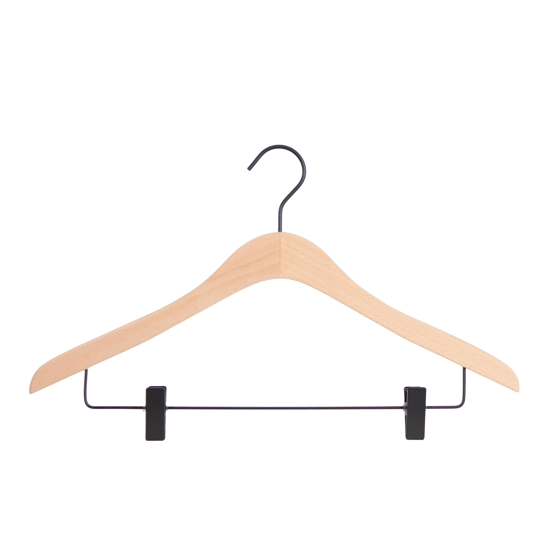 BINK - Beechwood clothes hanger with clips, 44 cm wide, black hook and clips- box of 50 pieces