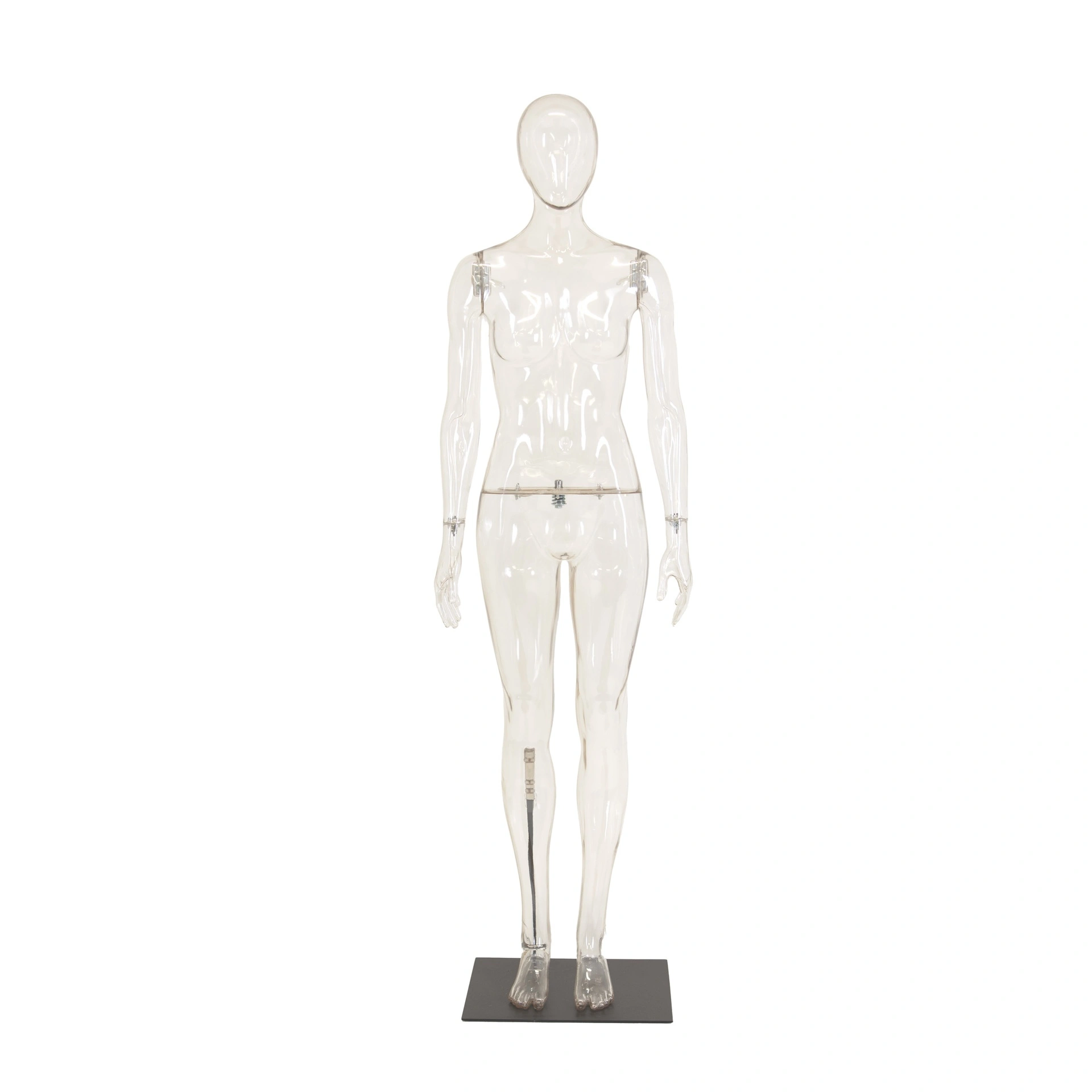 Transparente Damen-Schaufensterpuppe, Kunststoff, Metallfußplatte und Wadenstift
