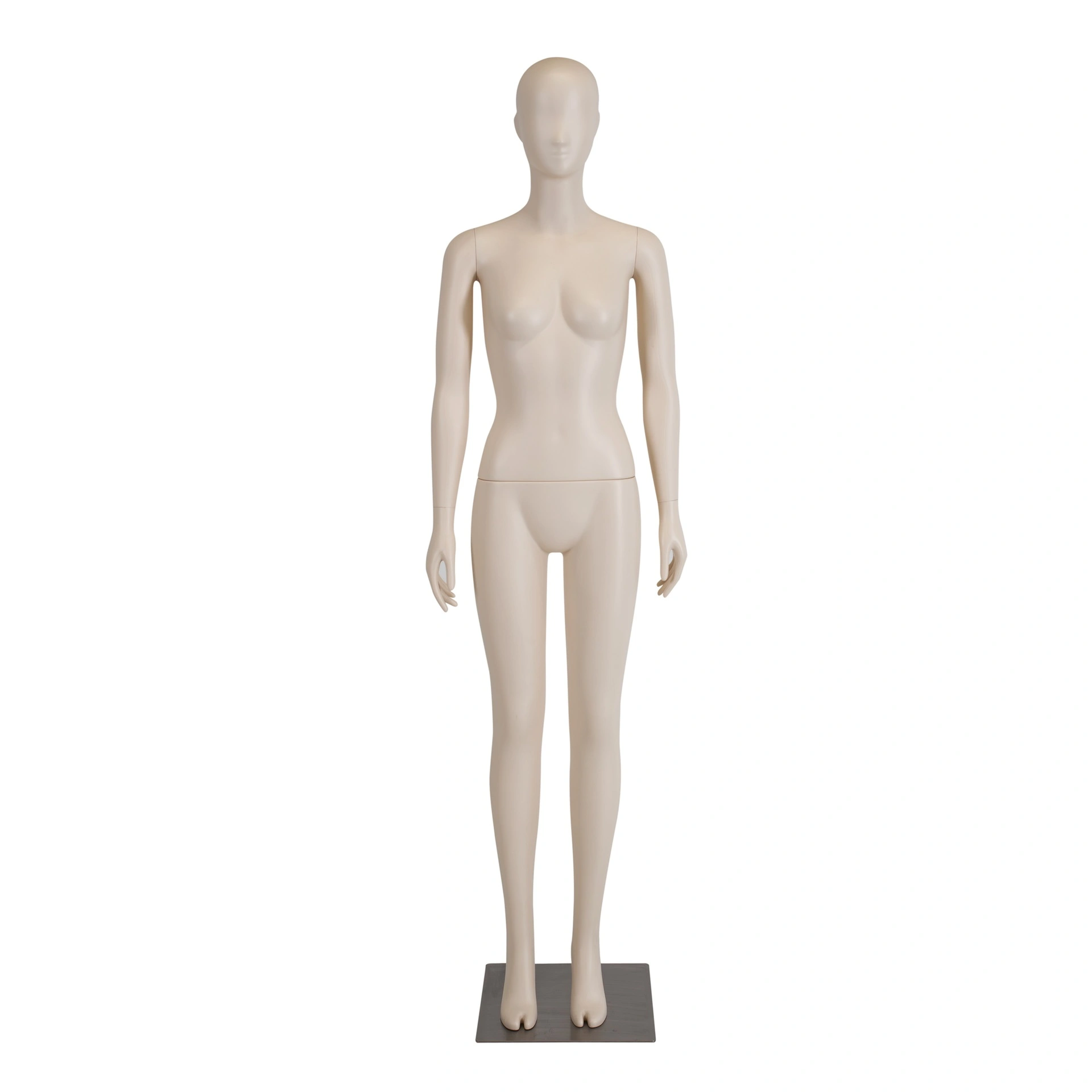 Maniquí femenino, color de piel nude, plástico, base metálica y pasador para pantorrillas