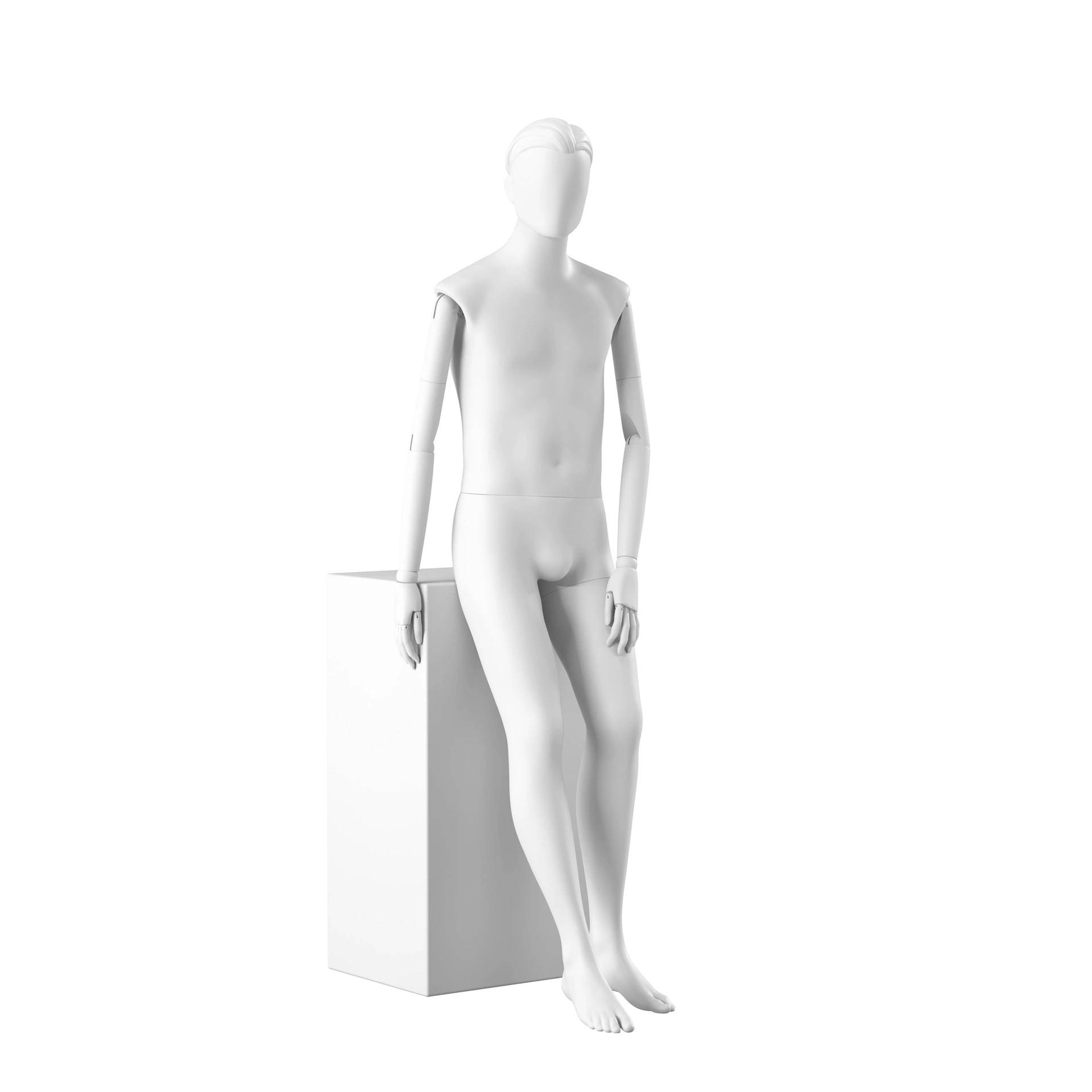 BINK - Stylish male mannequin, semi-abstract head, EU48, colour white, Mirror Mirror, seated pose MM204