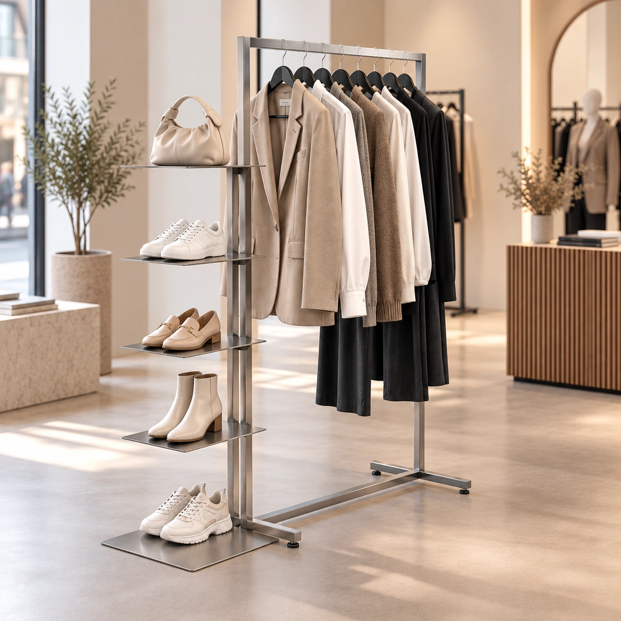 BINK - 5-tier shoe display stand, 118 cm H, brushed stainless steel
