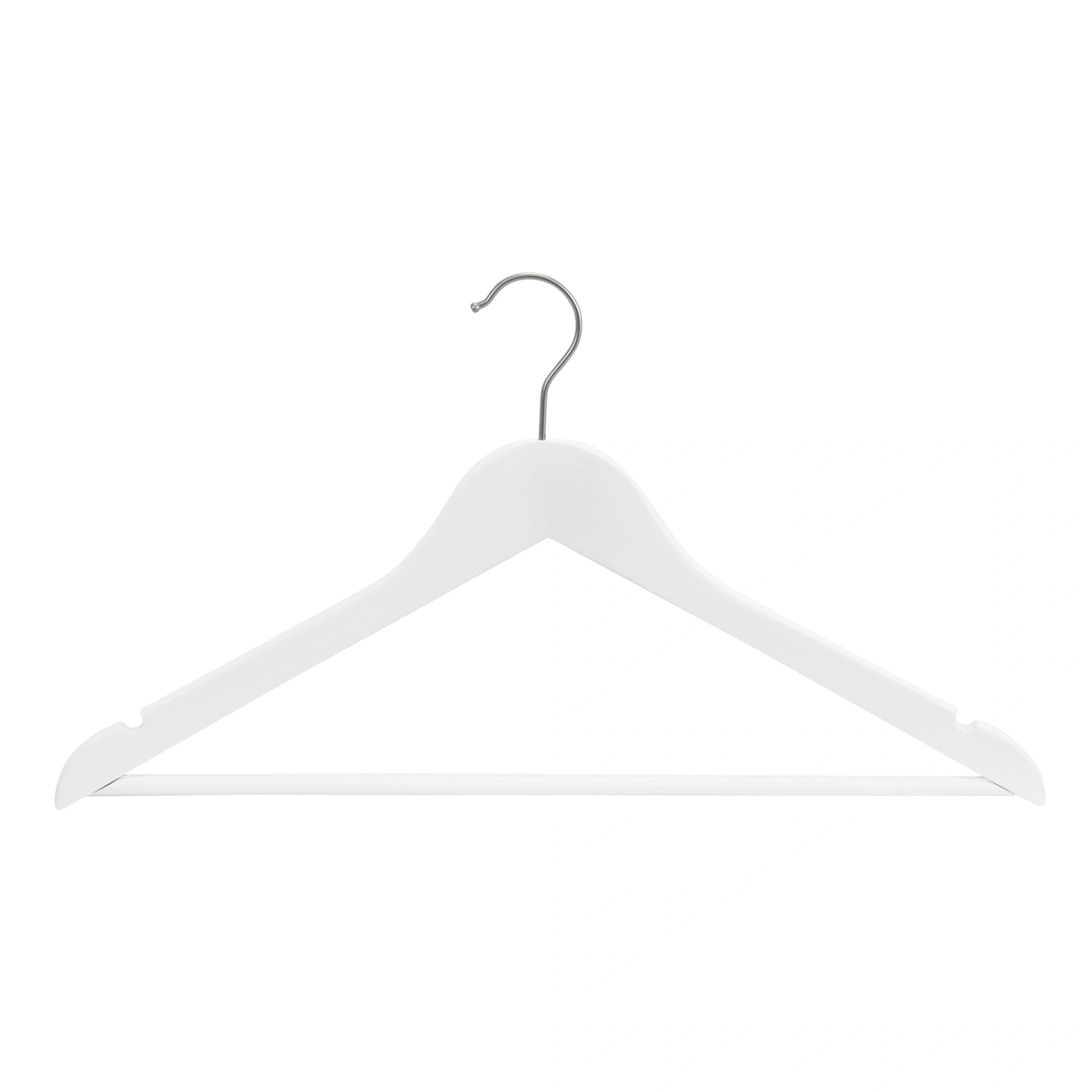 Percha blanca con barra para adultos, ancho de 44 cm, gancho de níquel - caja de 100 unidades.