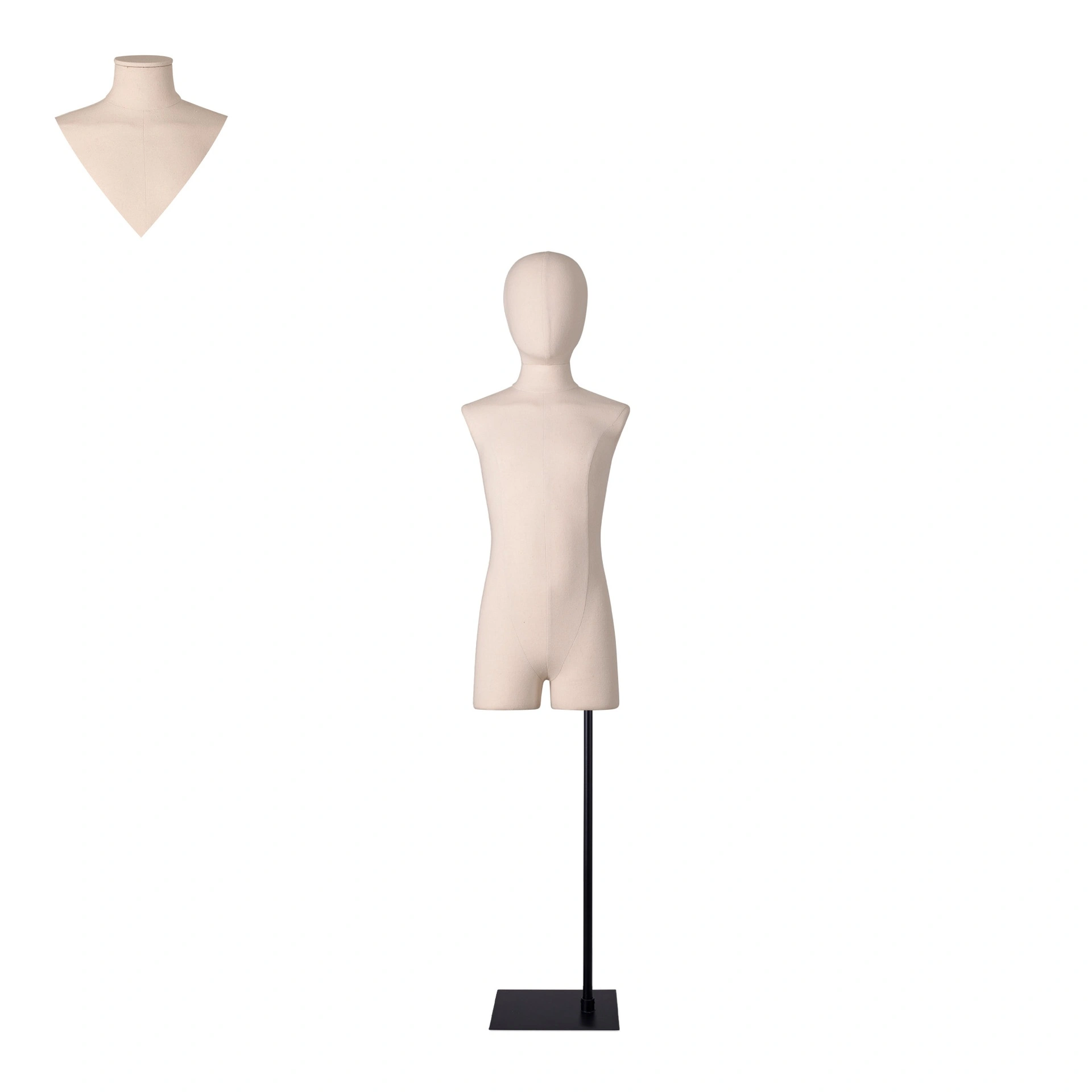 BINK - Te huur, kindertorso couture met benen, ecru – 8 jaar, op een zwarte standaard